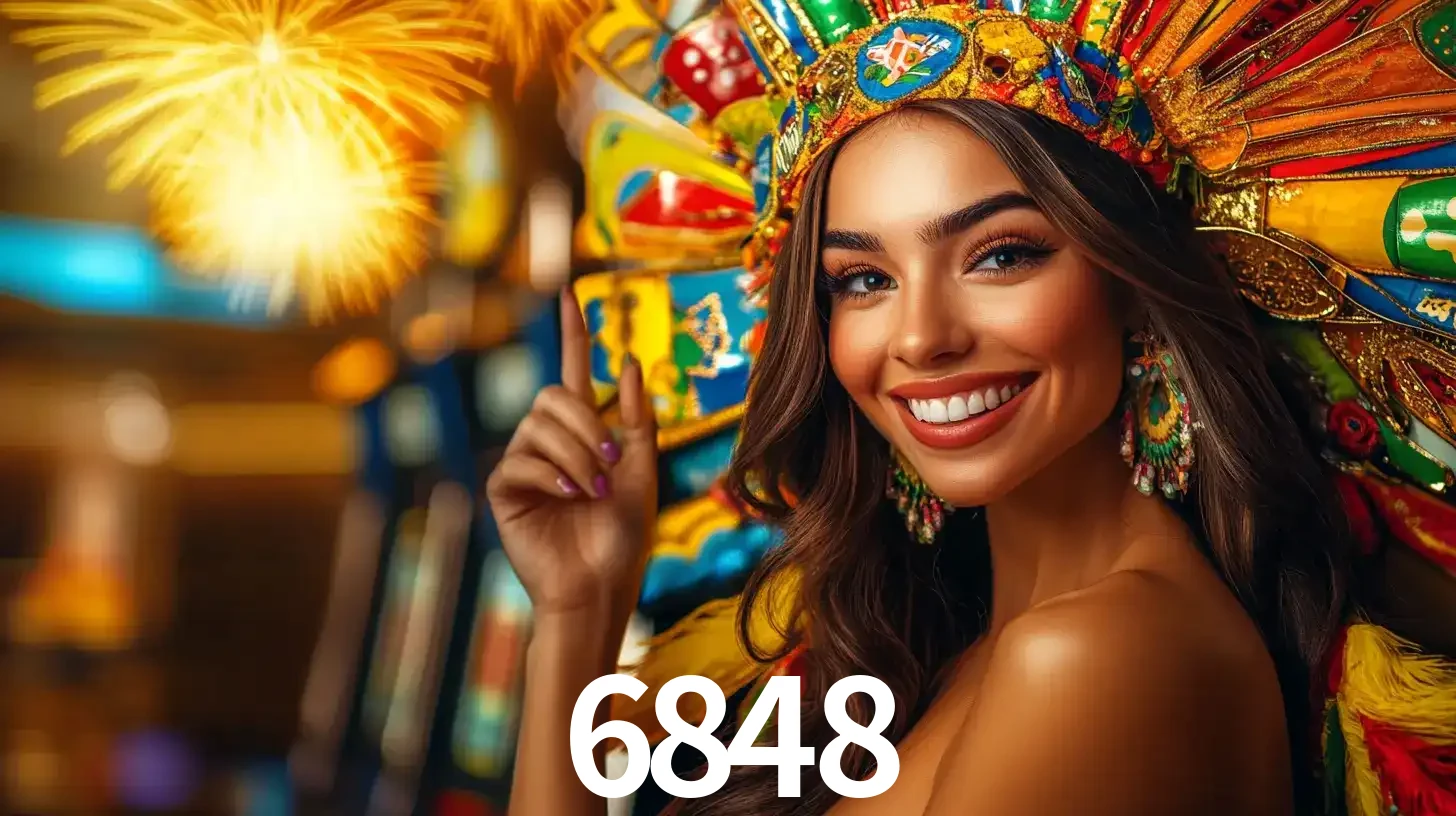 Mulher sorridente com um cocar de carnaval vibrante e colorido, celebrando uma grande vitória nos jogos do cassino 6848 com fogos de artifício ao fundo.