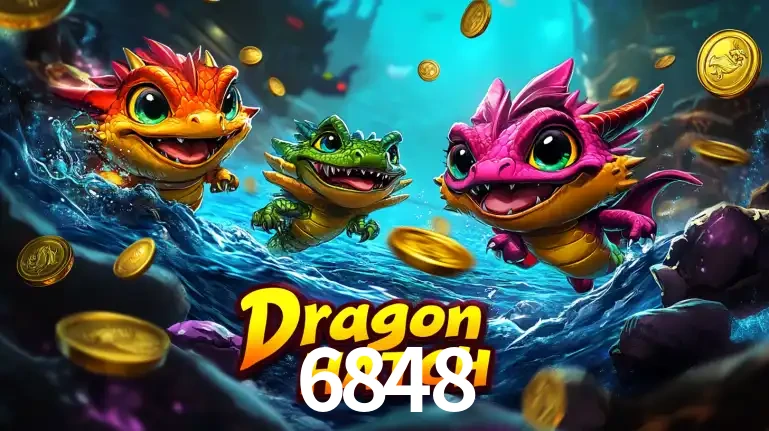 Arte promocional do jogo Dragon Hatch com três adoráveis dragões bebês nadando entre moedas de ouro, um dos slots mais divertidos para jogar no cassino 6848.