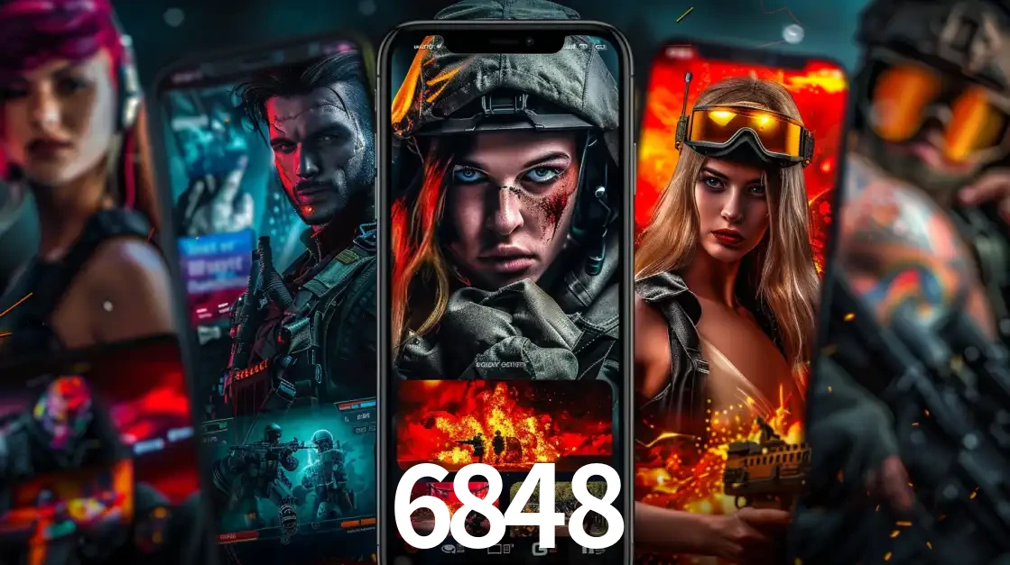Montagem de telas de celular mostrando diversos personagens, masculinos e femininos, de um jogo de tiro, ilustrando a diversidade de equipes de e-sports para apostar no 6848.
