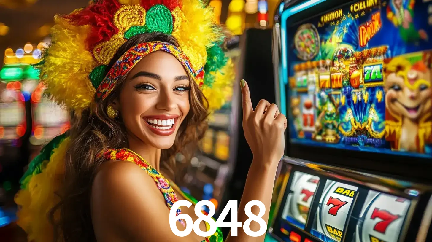 Mulher animada com um cocar de carnaval apontando para uma máquina de caça-níqueis, mostrando a emoção de ganhar um grande prêmio nos jogos do 6848.