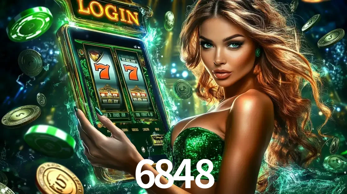 Mulher com tema verde apresentando o aplicativo do cassino 6848 com um jogo de slot de 777, cercada por fichas de cassino e uma aura de sorte.