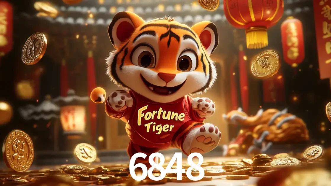 O alegre personagem do Fortune Tiger correndo sobre um caminho de moedas de ouro, simbolizando os grandes prêmios e a diversão do popular jogo de slot do 6848.