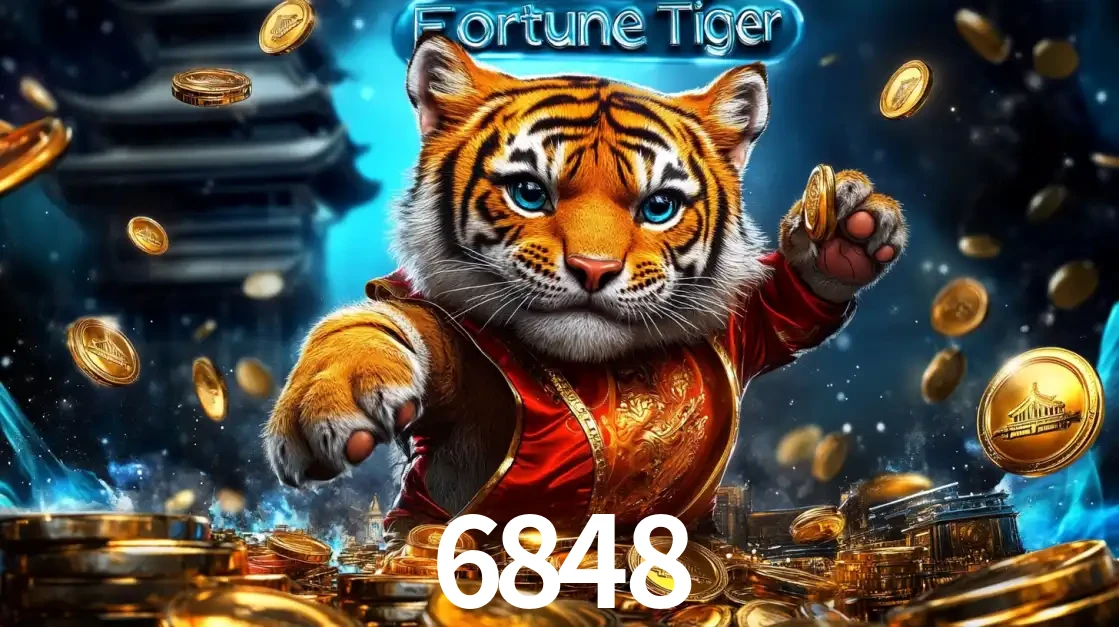 Imagem promocional do jogo de slot Fortune Tiger, com um tigre majestoso em traje tradicional cercado por uma fortuna em moedas de ouro, disponível agora no cassino 6848.