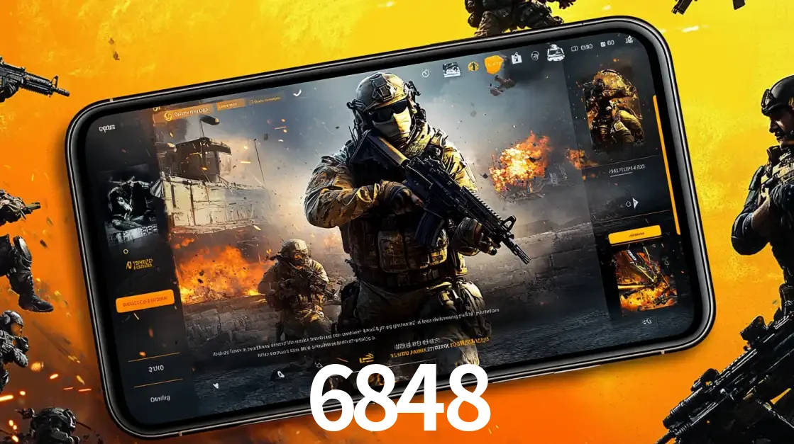 Um smartphone exibindo a interface de um jogo de tiro em primeira pessoa, com um soldado em um cenário de batalha, representando a ação dos e-sports para apostar no 6848.