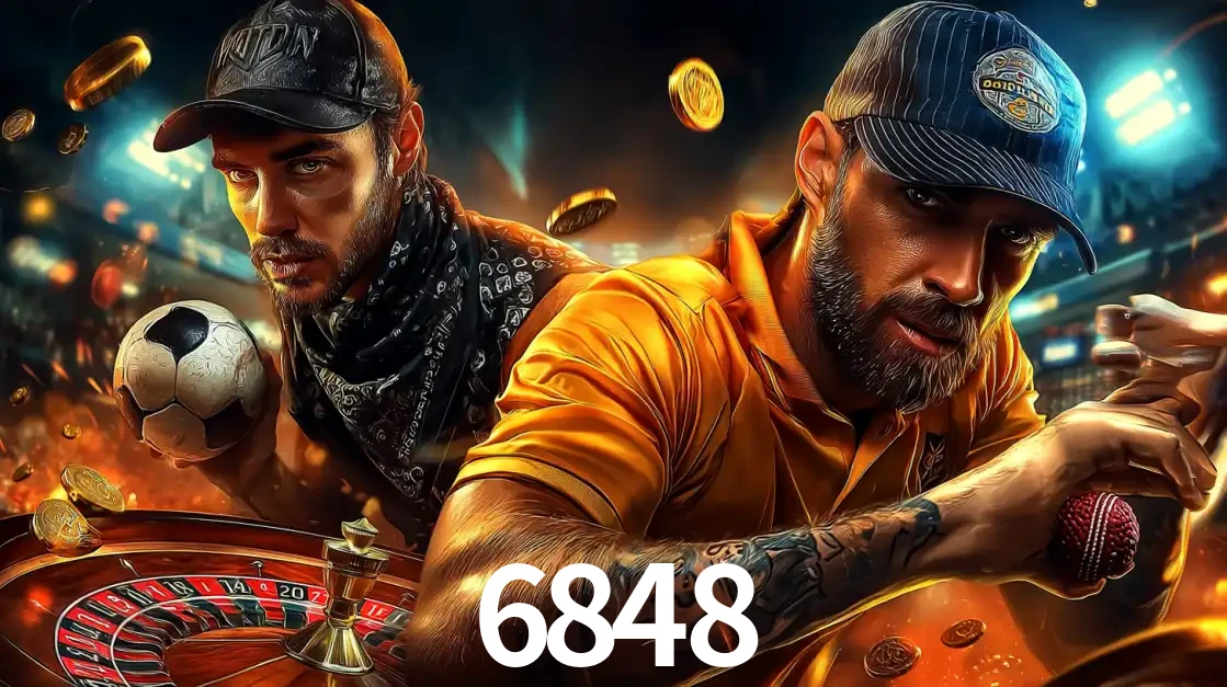 Montagem de apostas esportivas e cassino no 6848, com um homem segurando uma bola de futebol e outro uma de beisebol sobre uma roleta e moedas voadoras.