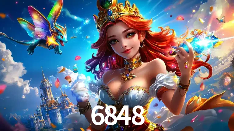 A princesa de um reino de fantasia mágico, com seu pequeno dragão, apresentando um mundo de prêmios encantados nos jogos de caça-níqueis do cassino 6848.