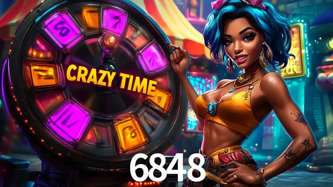 Mulher estilizada com cabelo azul e visual vibrante posando ao lado da roda de prêmios do game show Crazy Time, convidando para a diversão e os bônus do cassino 6848.