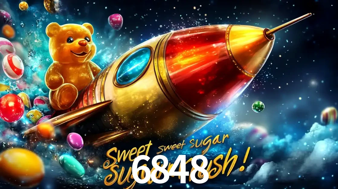 Arte promocional do jogo de slot Sugar Rush, com um urso de pelúcia em um foguete viajando pelo espaço de doces, um dos jogos divertidos disponíveis no cassino 6848.