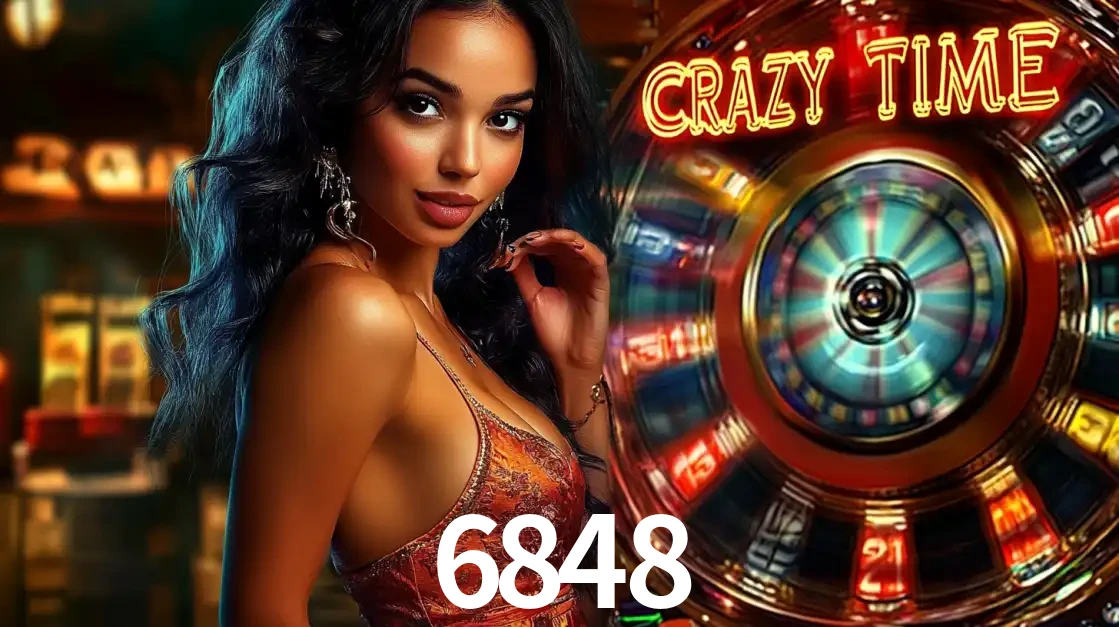 Mulher elegante ao lado da vibrante roda da fortuna do jogo de cassino ao vivo Crazy Time, um dos game shows mais populares e cheios de prêmios do 6848.