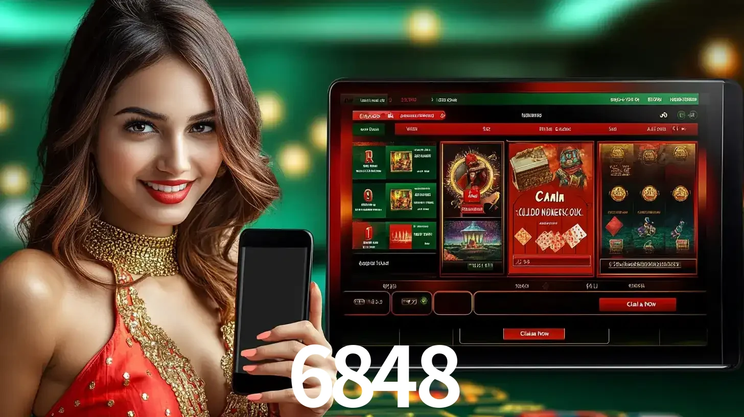 Mulher sorridente segurando um smartphone, ao lado de uma tela exibindo o lobby de jogos do cassino online 6848, com várias opções de jogos de cartas e slots.
